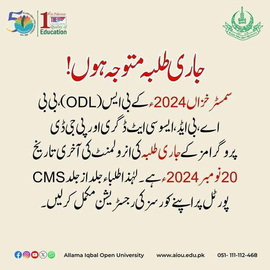 AIOU Semester Fall Enrolment 2024 Registration Schedule Result.pk