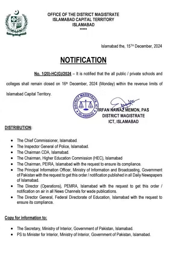Schools and Colleges in Islamabad to Remain Closed for Today Result.pk