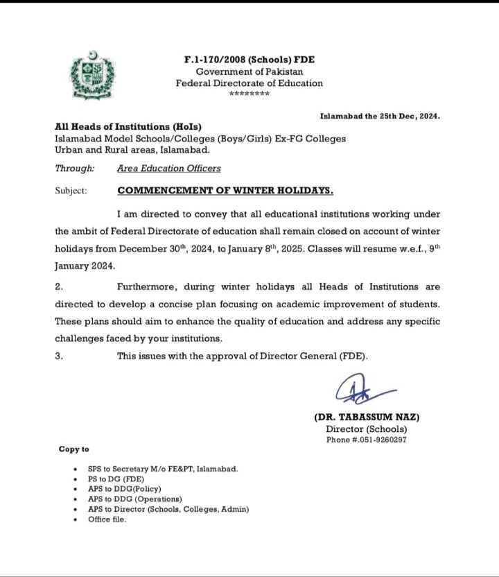 Winter Holidays for Islamabad Schools & Colleges Announce by FDE Result.pk