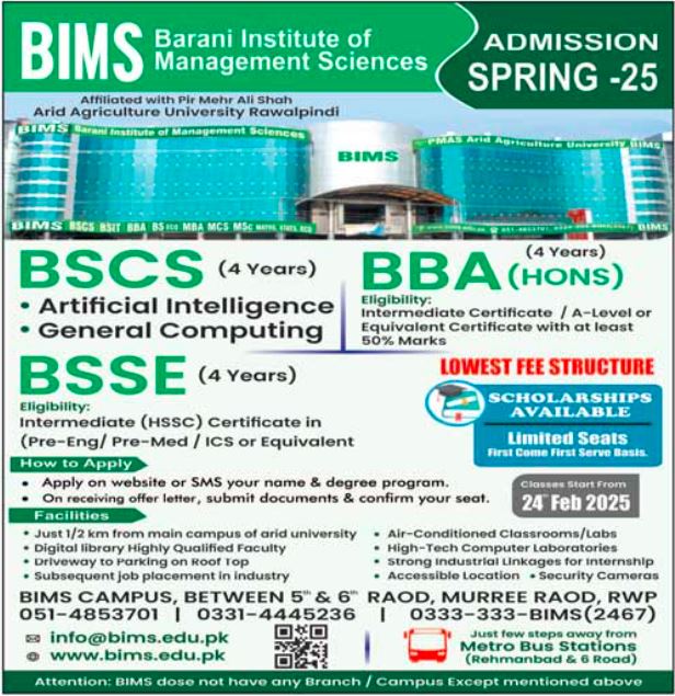 BIMS Admissions Open for Various BBA Hons BSCS BSSE Programs 2025 Result.pk