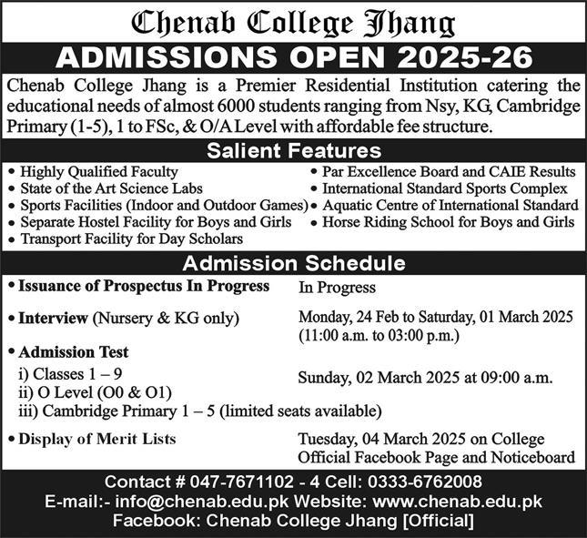 Chenab College Jhang Admissions Open for Nursery to FSc Session 2025 ...