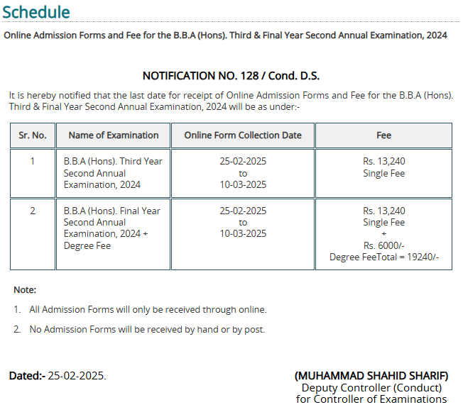 PU BBA Hons 3rd & Final Year 2nd Annual Exams 2024 Schedule Result.pk