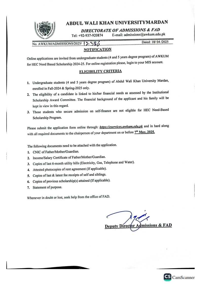 AWKUM Announces HEC Need-Based Scholarship for 2025 Result.pk