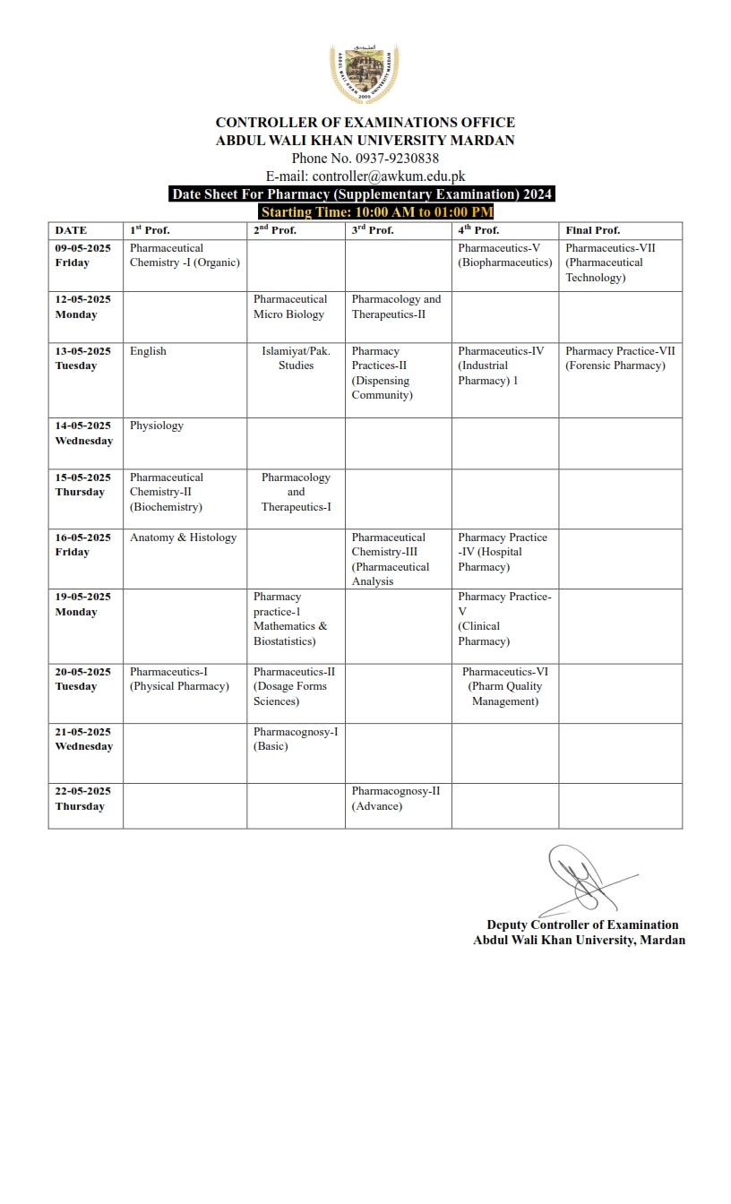 AWKUM Date Sheet for Pharmacy Supplementary Examination 2025 Result.pk