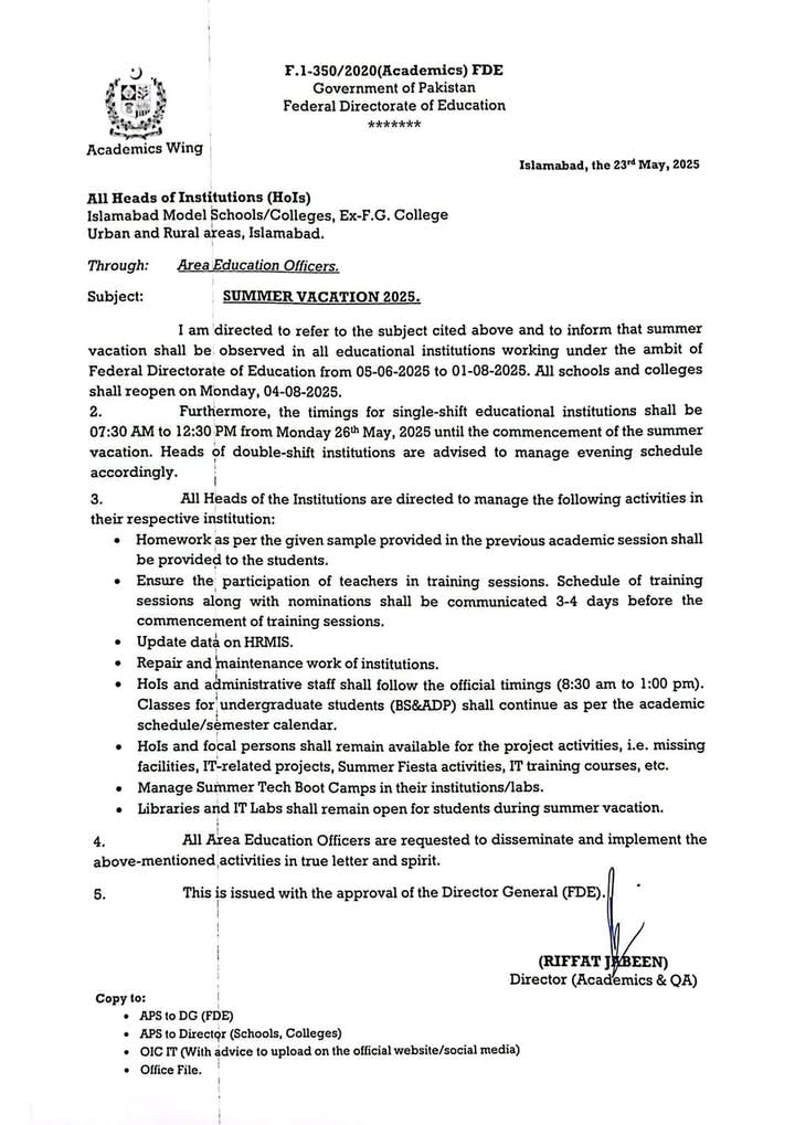 FDE Annouces Summer Vacation Schedules for Schools Result.pk