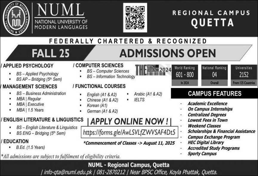 NUML Admissions 2025 Bachelor Degree Programs Result.pk
