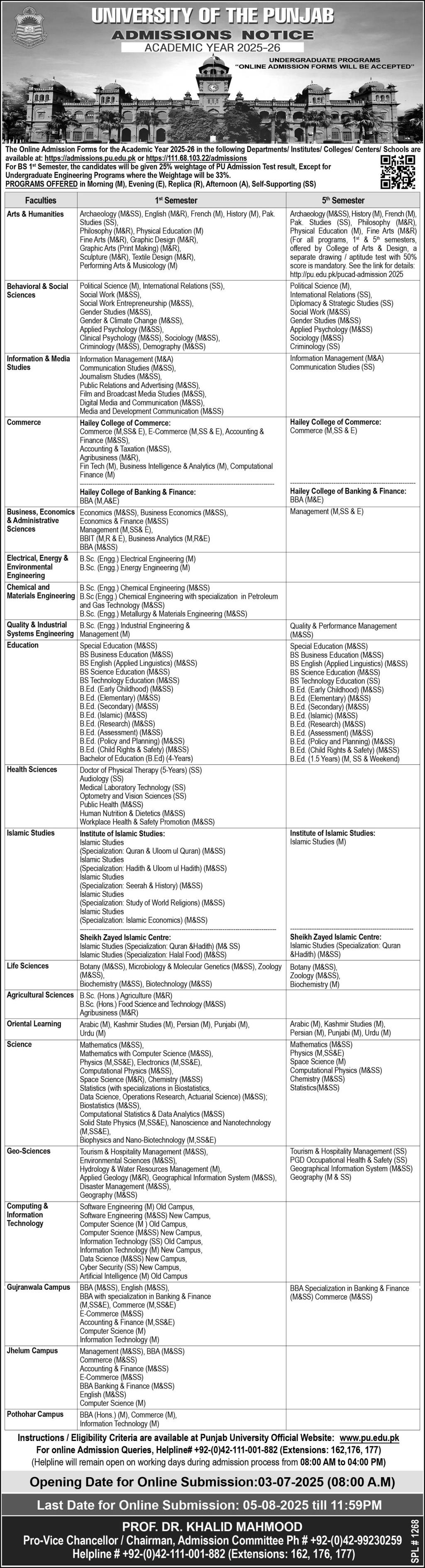 PU Admissions 2025 Undergraduate Programs Result.pk