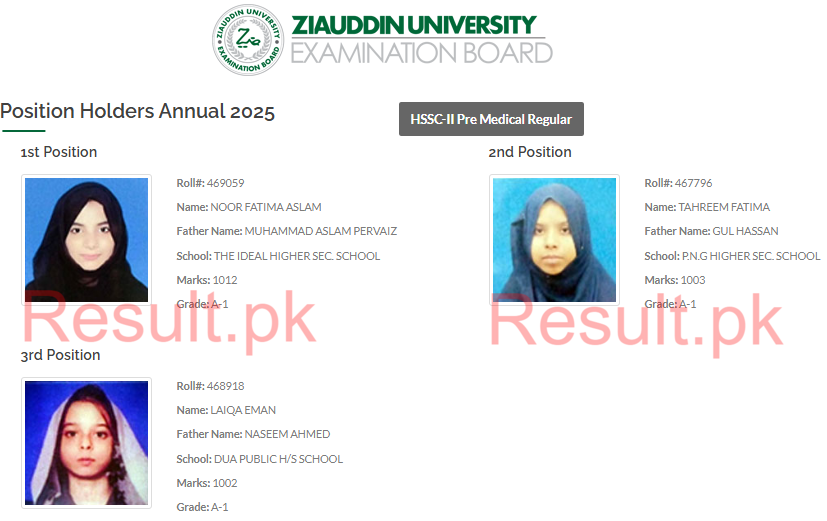 ZUEB HSSC Part II Annual Exam Top 3 Position Holders 2025