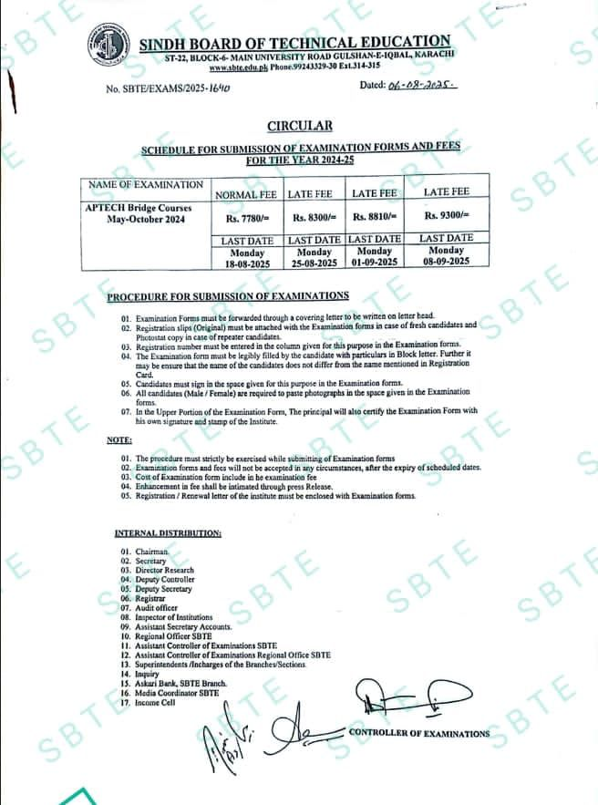 SBTE APTECH Bridge Course Forms & Fee Schedule 2024 2025 Result.pk