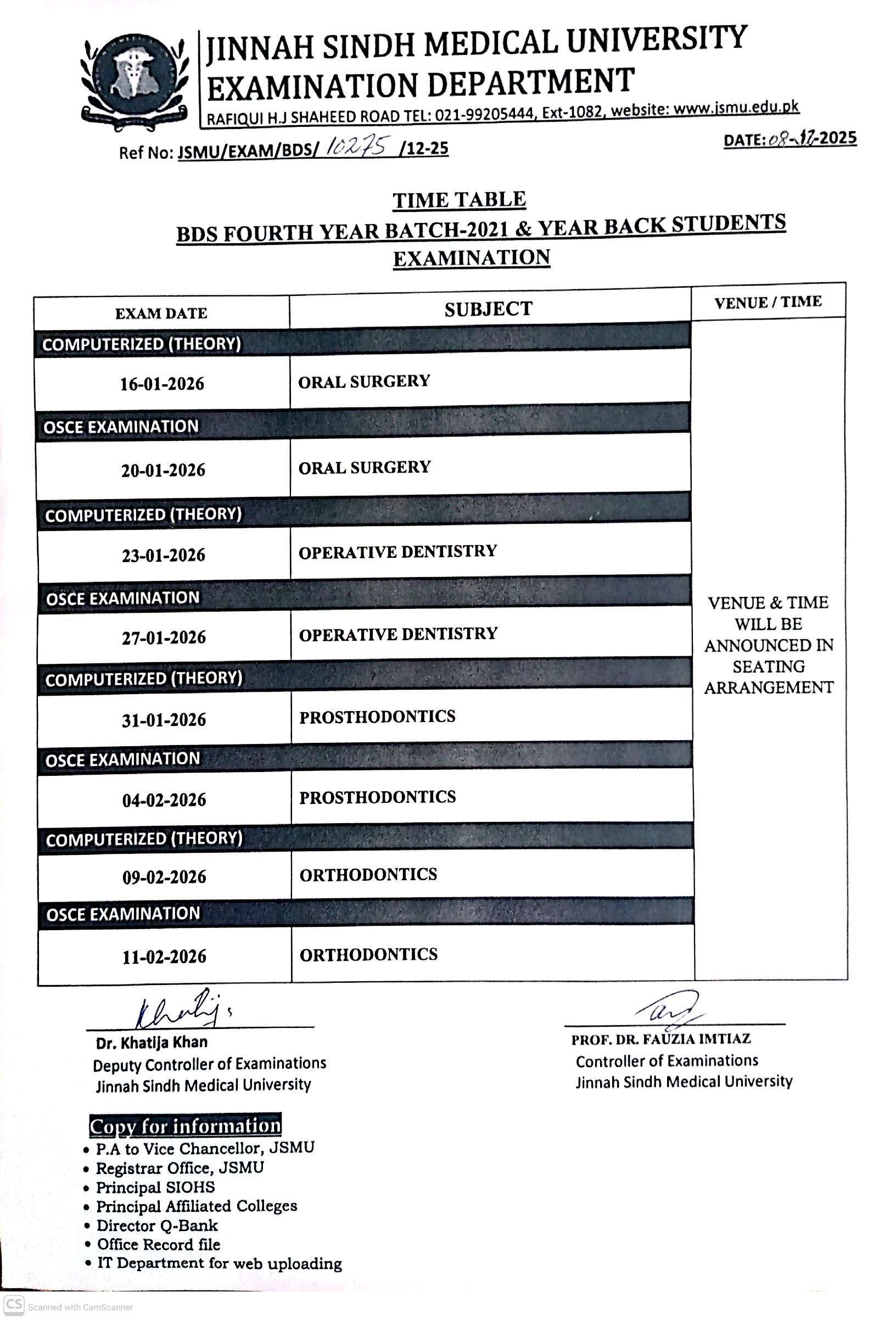 JSMU BDS 4th Year Batch 2021 & YBS Exams Date Sheet 2025 Result.pk