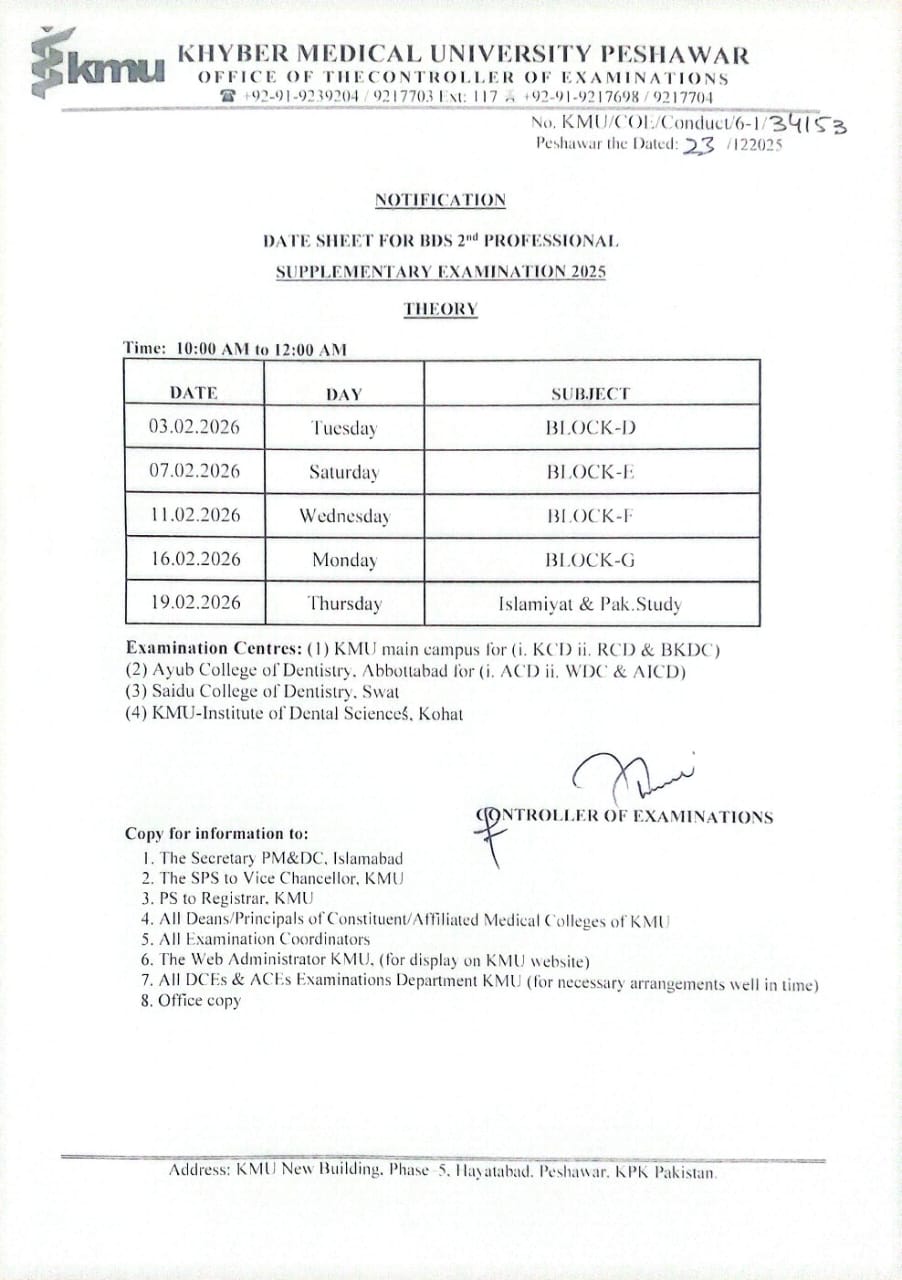 KMU Released BDS 2nd Professional Supplementary Theory Exams Date Sheet ...