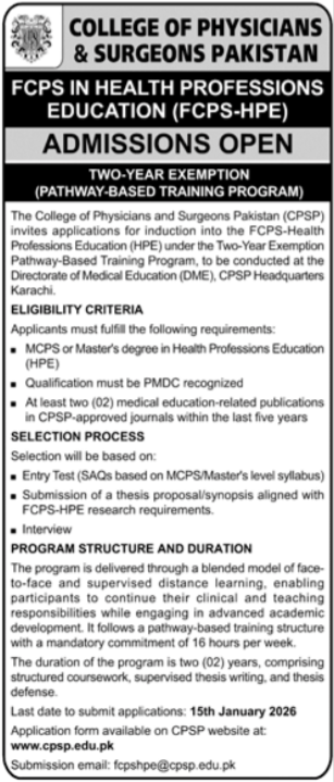 CPSP Admissions 2026 FCPS-HPE Program Result.pk
