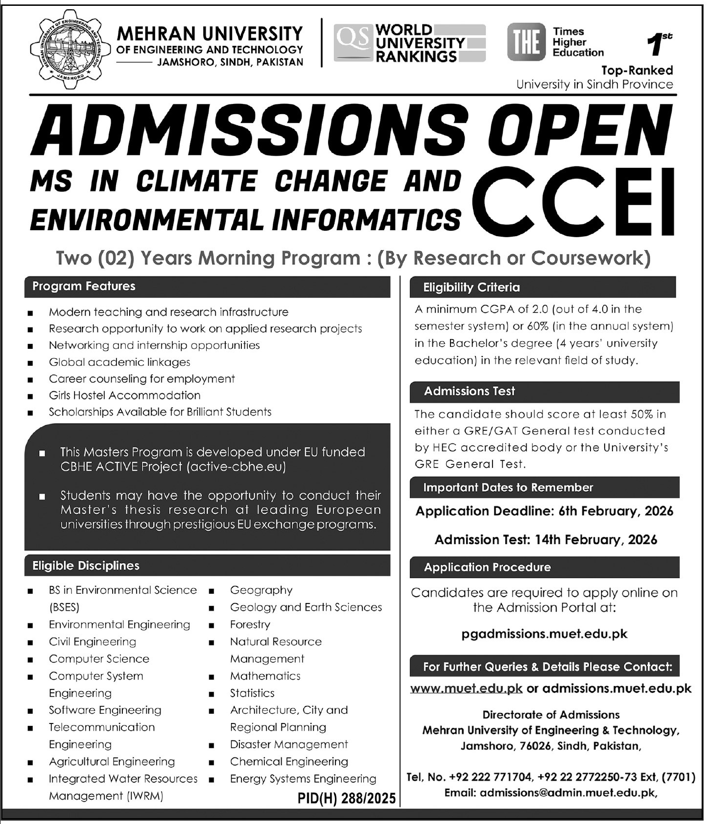MS Program Admissions at Mehran University 2026 Result.pk