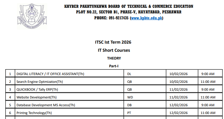 KPBTE ITSC 1st Term Theory Exams 2026 Date Sheet