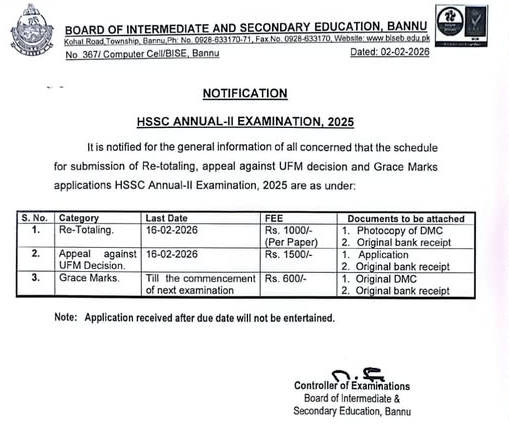 BISE Bannu HSSC 2nd Annual Exams 2025 Re-Totaling Schedule