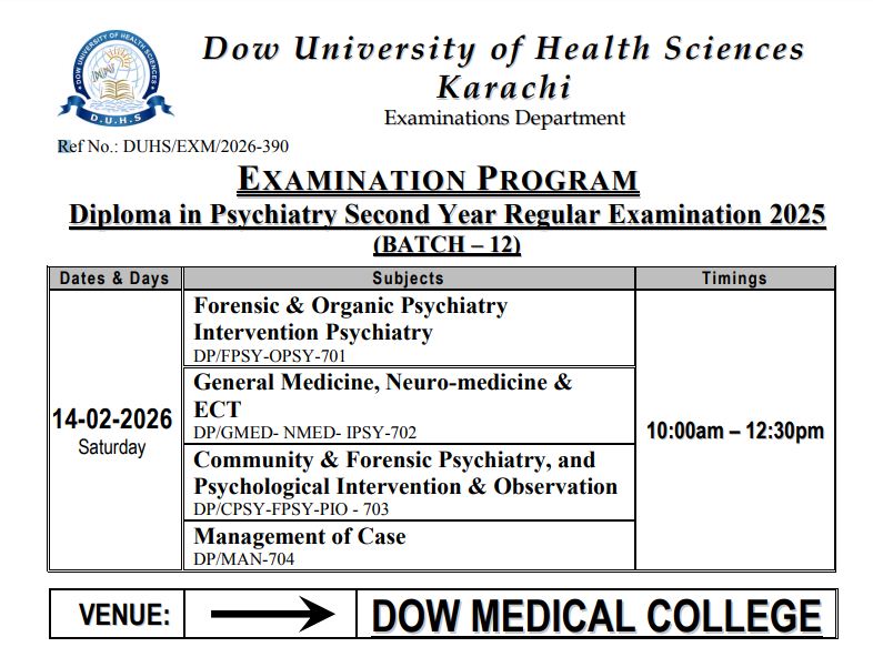 DUHS Diploma Psychiatry & MPhil Pharmaceutics Date Sheet 2026 Announced