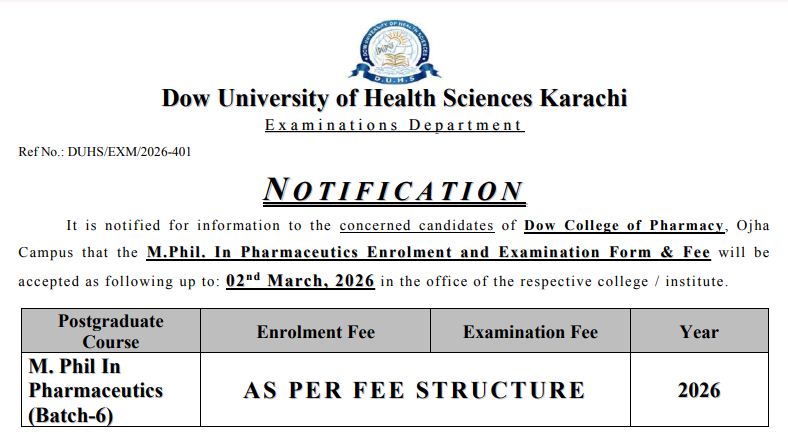 DUHS Issues Exam Form and Fee Notice 2026 for MPhil & PhD Programs