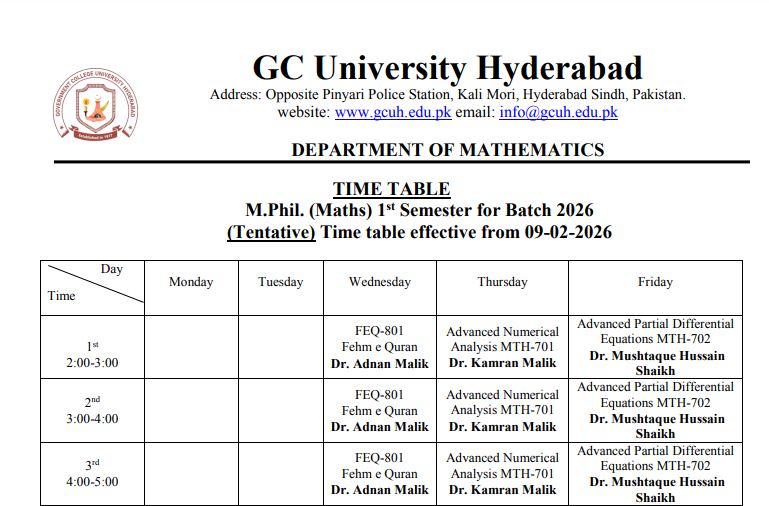 GCUH Announces Time Table 2026 for M.Phil & Ph.D Programs