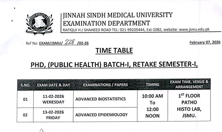 JSMU Time Table 2026 for PhD Public Health Semester I & II Exams Released