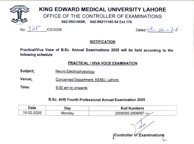 KEMU Date Sheet 2026 for B.Sc Program Exams Released