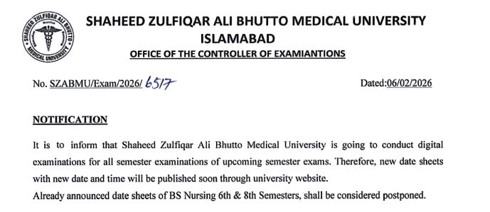 SZABMU Exam Notice 2026 for Digital Semester Exams