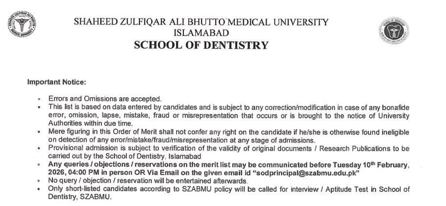SZABMU Announces Provisional Merit List for MDS & FCPS Programs 2026