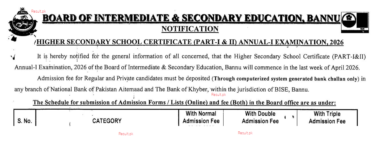 Bannu Board Inter Part-I Annual Exams 2026 Admission Schedule