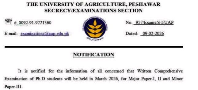 UAP Releases Exam Notice for PhD Comprehensive Exams 2026