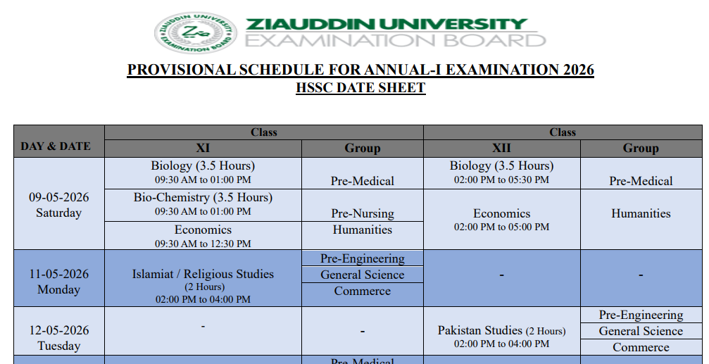 ZUEB Karachi Inter Annual Exams 2026 Date Sheet