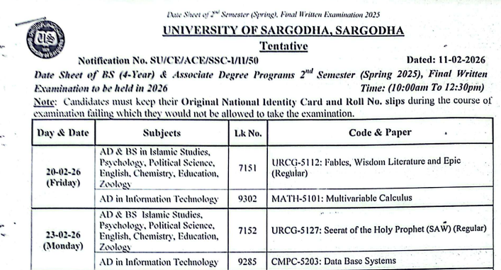 UoS BS & AD 2nd Semester Spring Final Exams 2025 Date Sheet