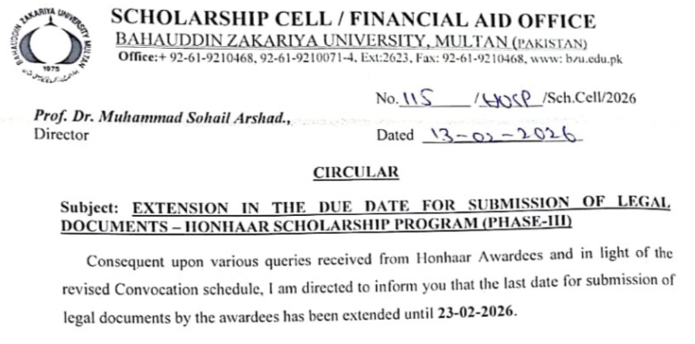 BZU Multan Honhaar Scholarship Schedule
