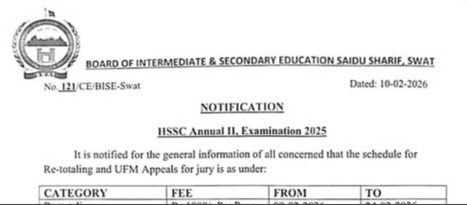 BISE Swat HSSC 2nd Annual Exams 2025 Re-Totaling Schedule