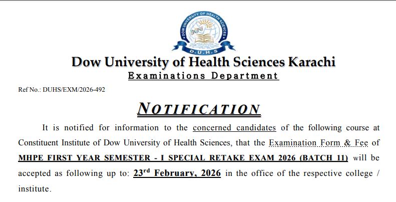 DUHS Exam Form & Fee Notice 2026 for MHPE 1st Year Semester I Released