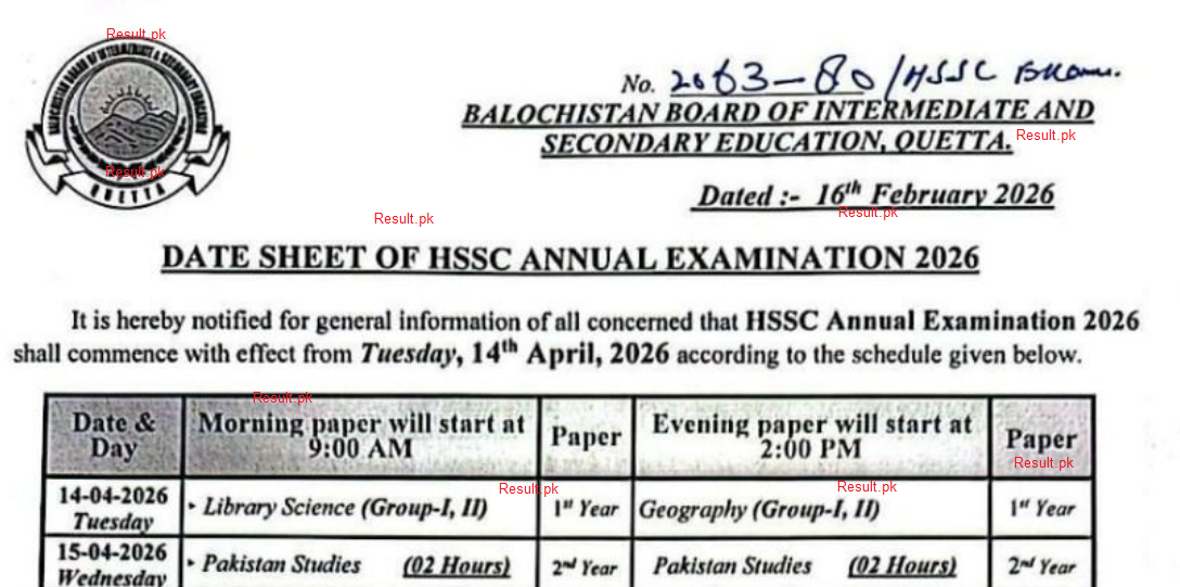 BBISE Quetta Inter Annual Exams 2026 Date Sheet Announced