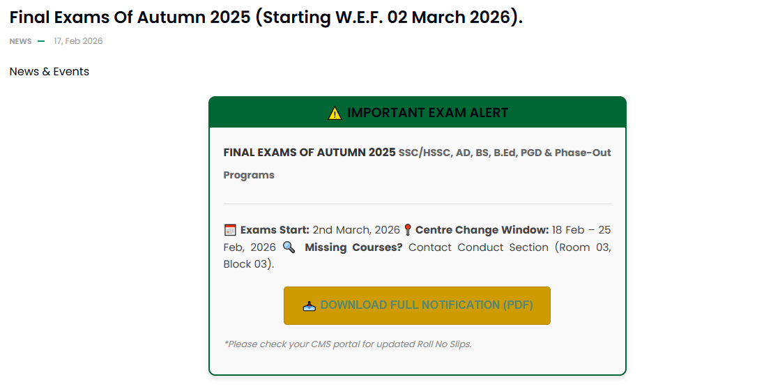 AIOU Announces Autumn 2025 Final Exams Schedule