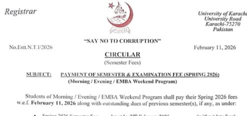 KU Notice Regarding Payment of Semester & Exam Fees Spring 2026