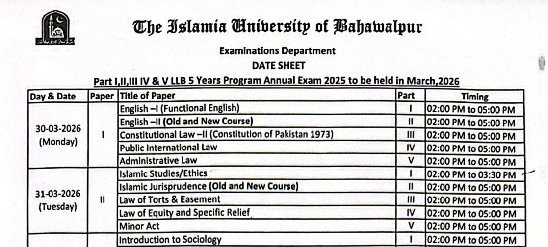 IUB Annual Exams Date Sheet for LLB 5-Year Program