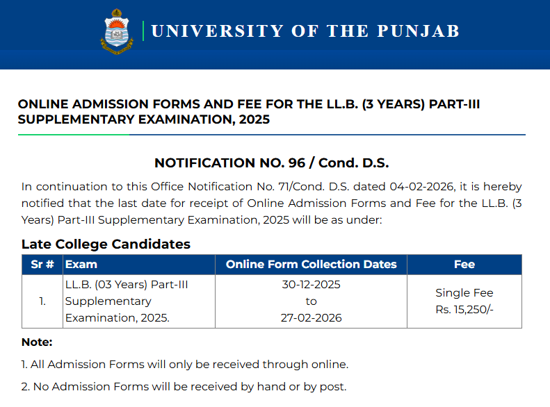 PU Online Form & Fee Schedule for LLB Part-III Supply Exam 2025