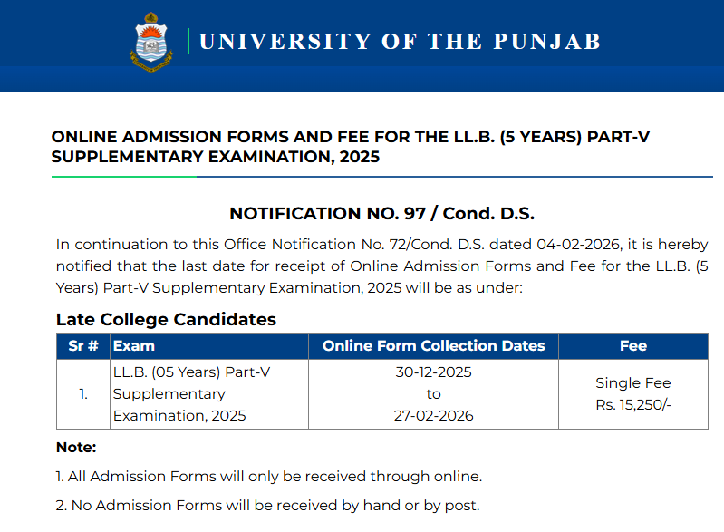 PU Online Form & Fee Schedule for LLB 5 Years Part-V Supply Exam 2025