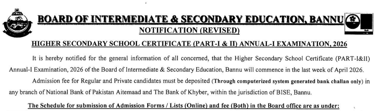 BISE Bannu Inter Annual Exams 2026 Revised Forms Schedule