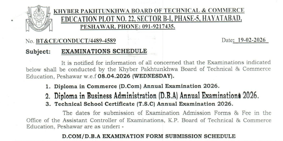 KPBTE Diplomas Annual Exams 2026 Forms Schedule