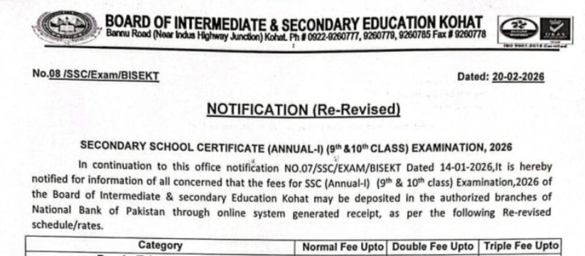 BISE Kohat SSC Annual-I Exams 2026 Fee Schedule Re-Revised