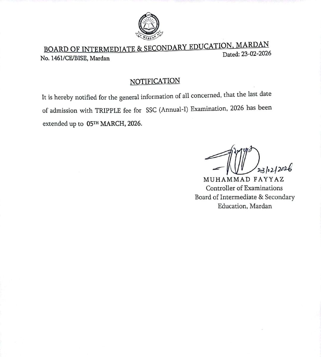 Mardan Board Matric Exam 2026 Triple Fee Extension Mardan Board Matric Exam 2026 Triple Fee Extension