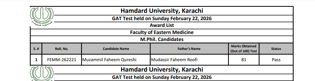 HUI Result 2026 Announced for GAT PG Programs