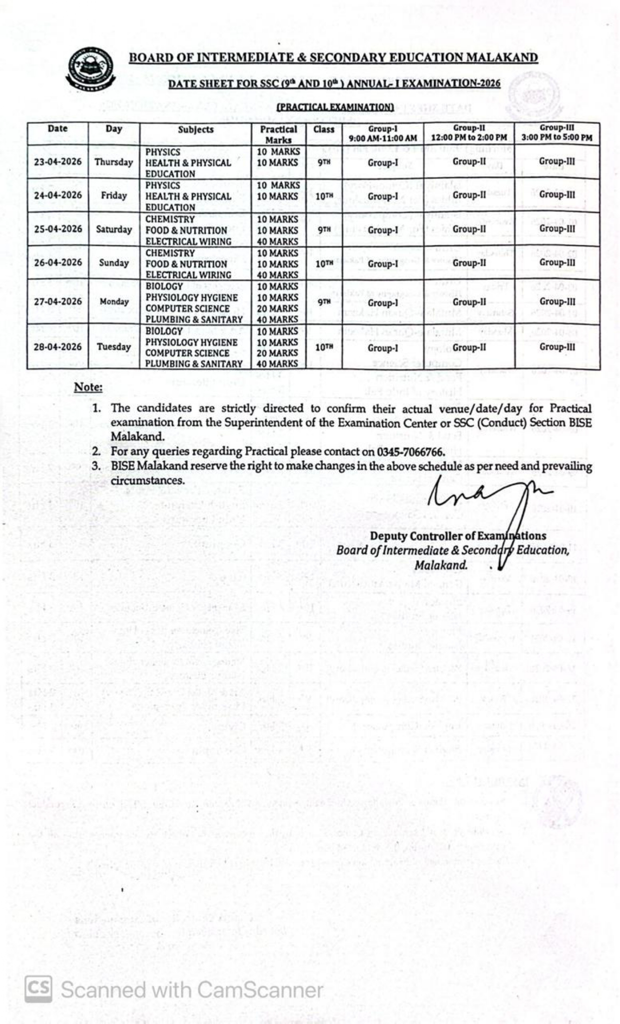 BISE Malakand SSC Part 1 & 2 Practical Date Sheet 2026 BISE Malakand SSC Part 1 & 2 Practical Date Sheet 2026