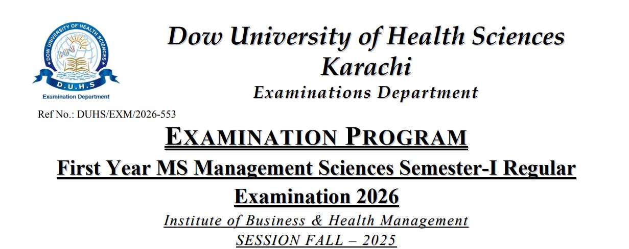 DUHS Date Sheet 2026 Announced for MS Management Sciences Semester-I Exams