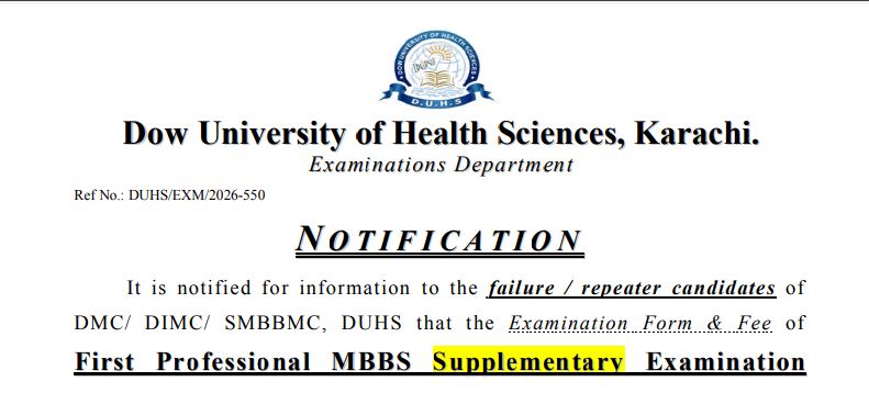 DUHS Exam Form & Fee Notice 2026 for 1st Prof MBBS Supplementary Exams