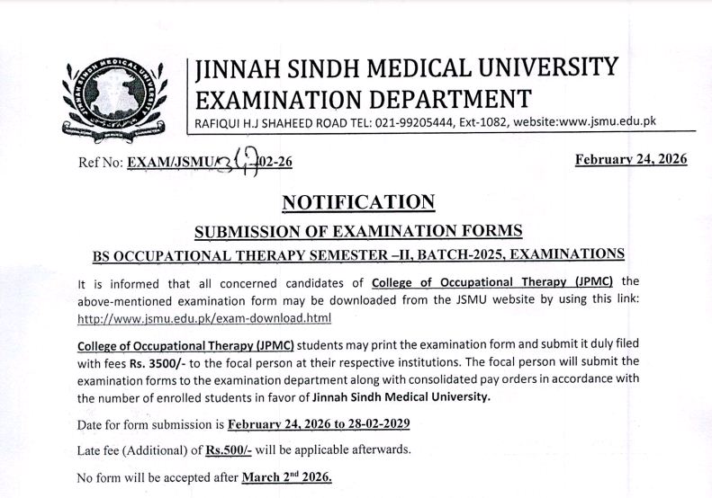 JSMU Exam Form Submission Notice 2026 for BSOT & BSPH Students