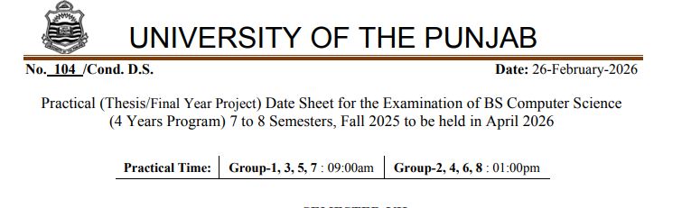 Punjab University BSCS Practical Thesis Exam Schedule April 2026