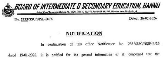 Bannu Board SSC Part 1 and 2 Admission Form Deadline 2026